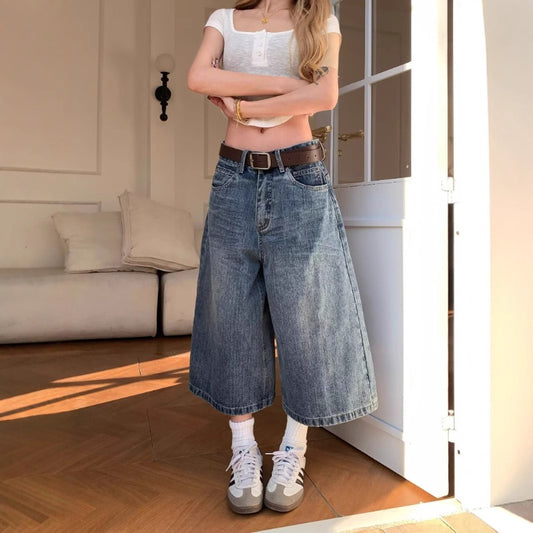 Women's jeans summer retro women's stitching loose cropped pants