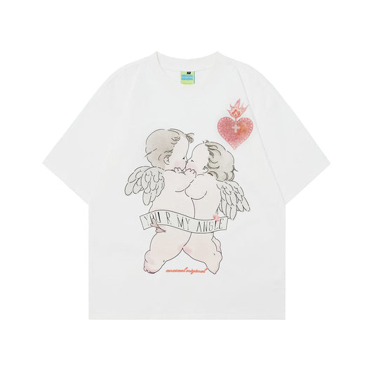 Unisex T-shirts Summer Vintage Cartoon Angel Men's Loose Short Sleeve T-Shirt