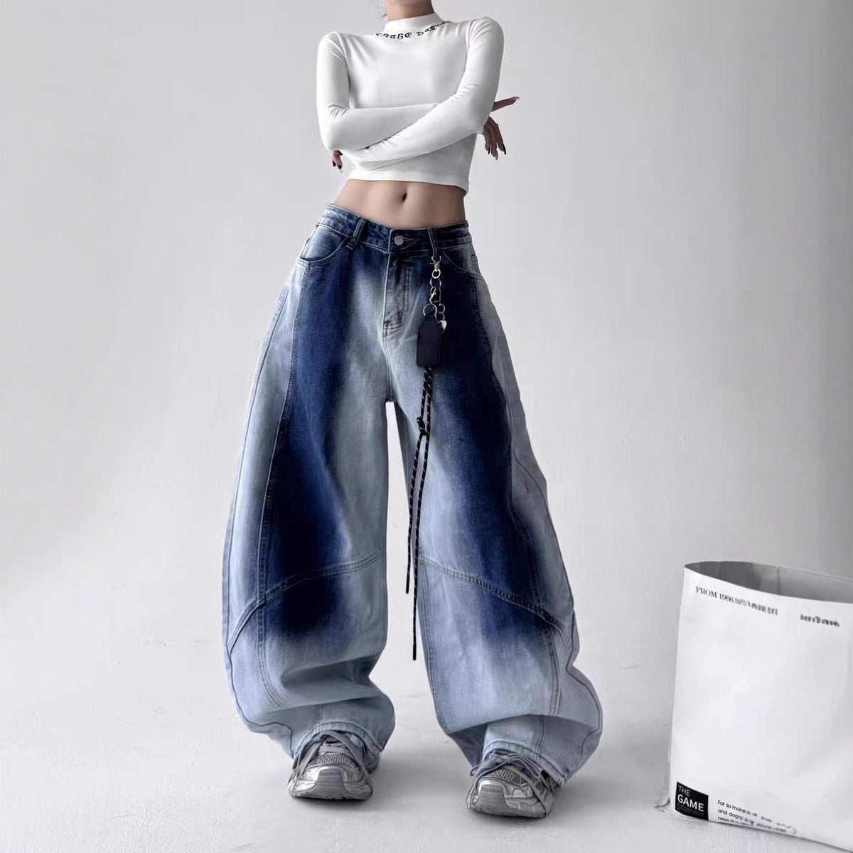 Women jeans retro hip hop washed jeans loose wide leg hip hop gradual change pants
