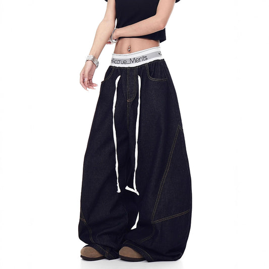 Women Jeans Washed Denim Scimitar Pants Summer Loose, Casual Hip Hop Wide Leg Pants