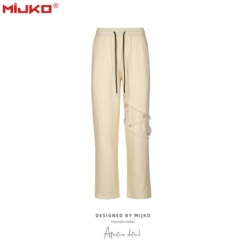 MIJKO Mens Vintage Pants Chain Embellished Drawstring Casual Bootcut Pants