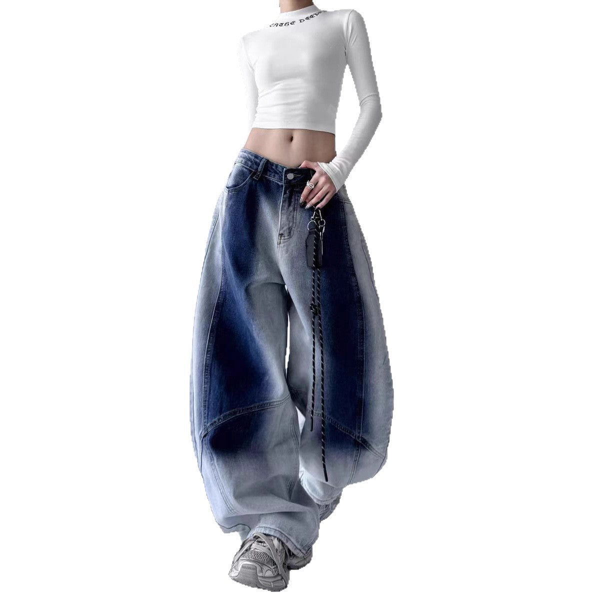 Women jeans retro hip hop washed jeans loose wide leg hip hop gradual change pants