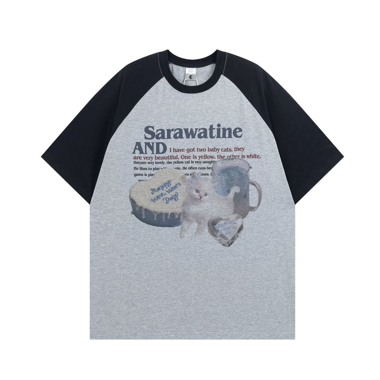 Unisex T-shirts Spring Vintage Alphabet Cat Loose Short Sleeve T-Shirt