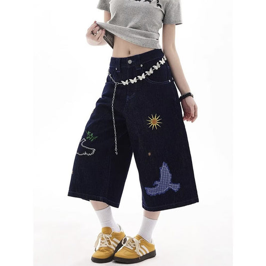 Women jeans fun embroidery design sense women loose wide leg pants