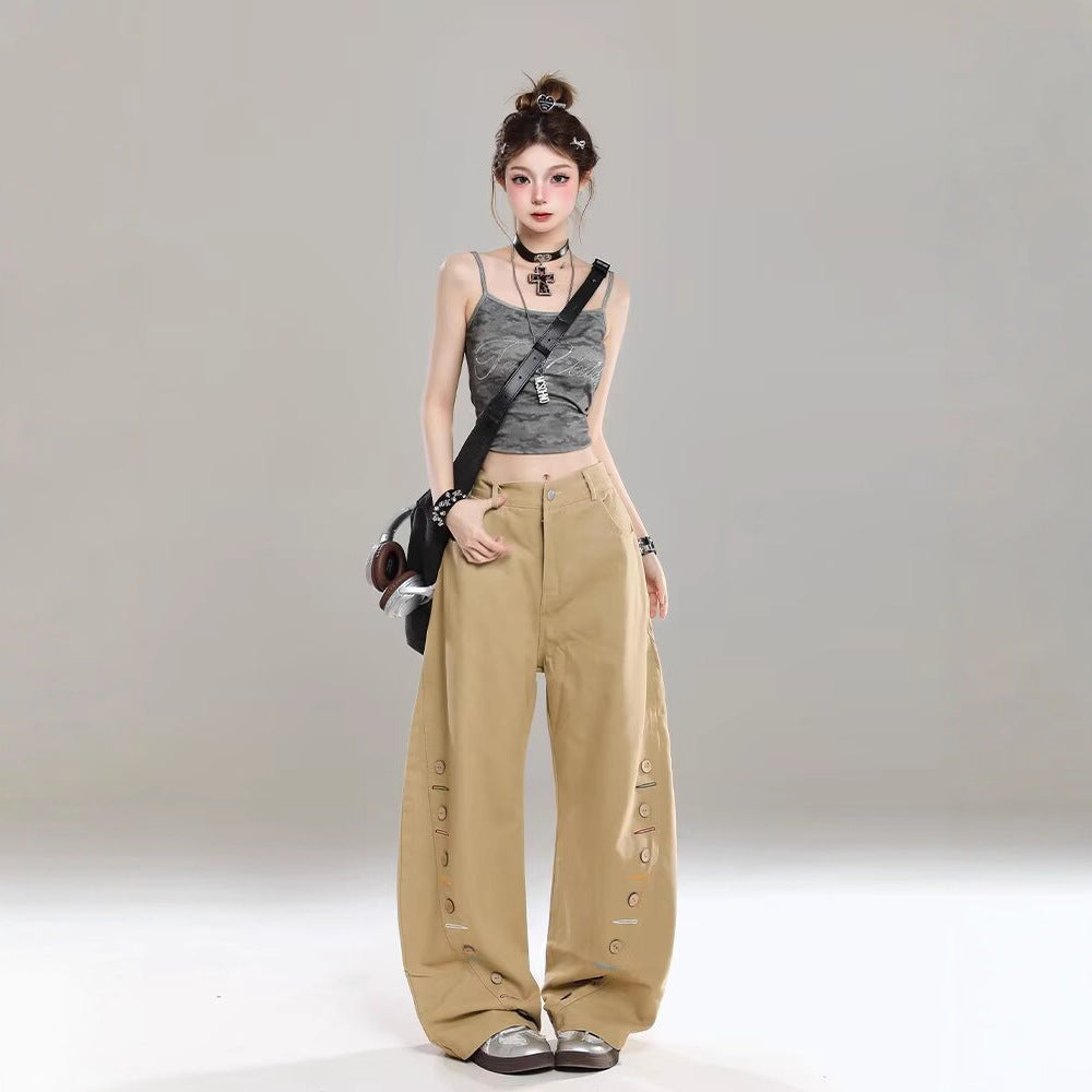 Women jeans retro side button decoration
