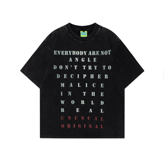 Unisex T-shirts Summer Alphabet Chart Washed Old Men's Loose Round Short Sleeve T