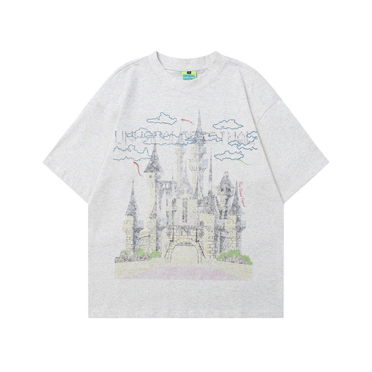 Unisex T-shirts Summer Vintage Comic Castle Figure Men's Loose Short Sleeve T-Shirt