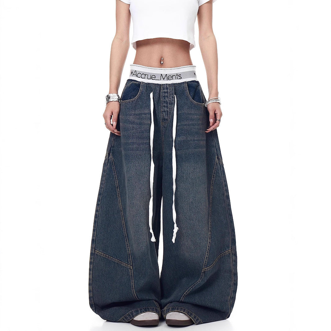 Women Jeans Washed Denim Scimitar Pants Summer Loose, Casual Hip Hop Wide Leg Pants