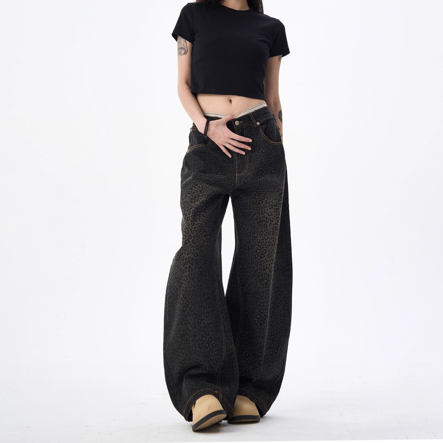 Women's jeans retro leopard-print scimitar jeans wide-leg trousers