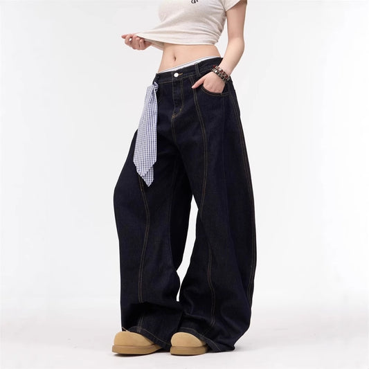 Women jeans retro washed scimitar jeans loose wide-leg casual trousers