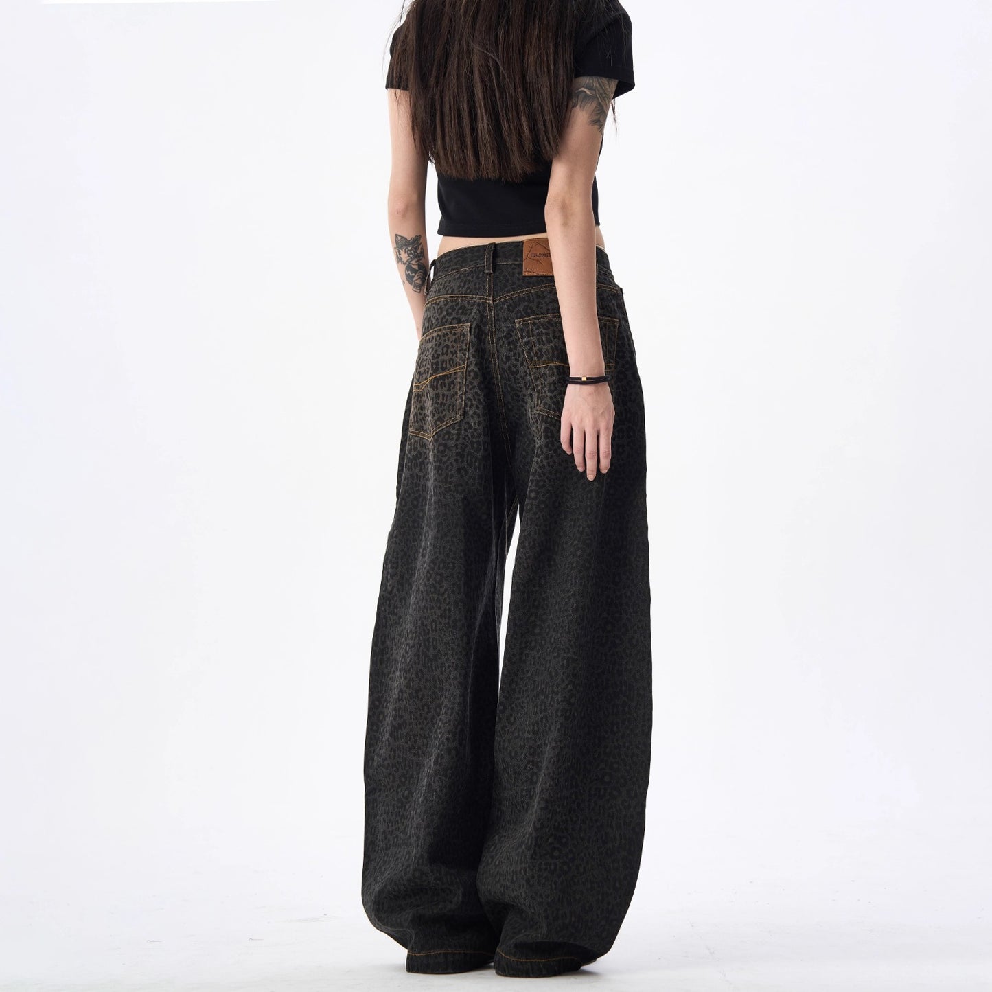 Women's jeans retro leopard-print scimitar jeans wide-leg trousers