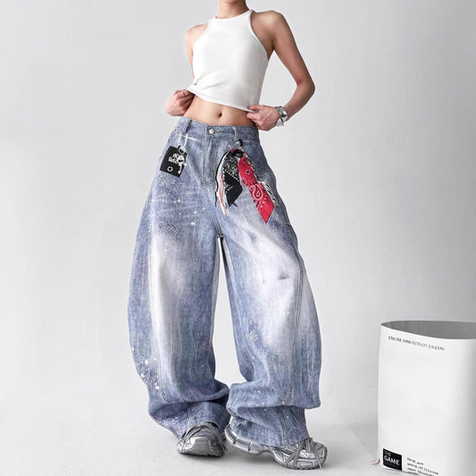 Women jeans retro wash print jeans hip hop slacks