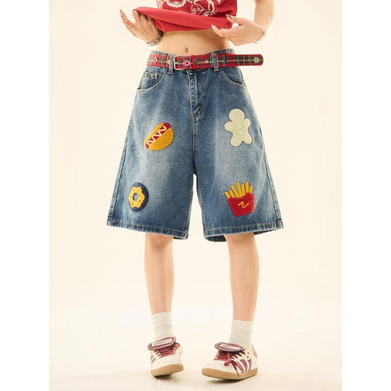 Women's jeans women's retro burger fries towel embroidered cropped pants