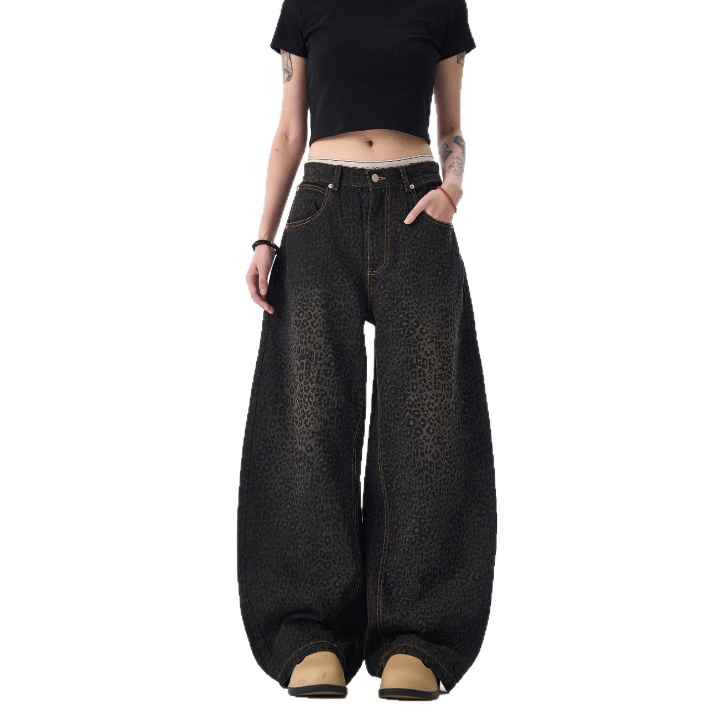 Women's jeans retro leopard-print scimitar jeans wide-leg trousers