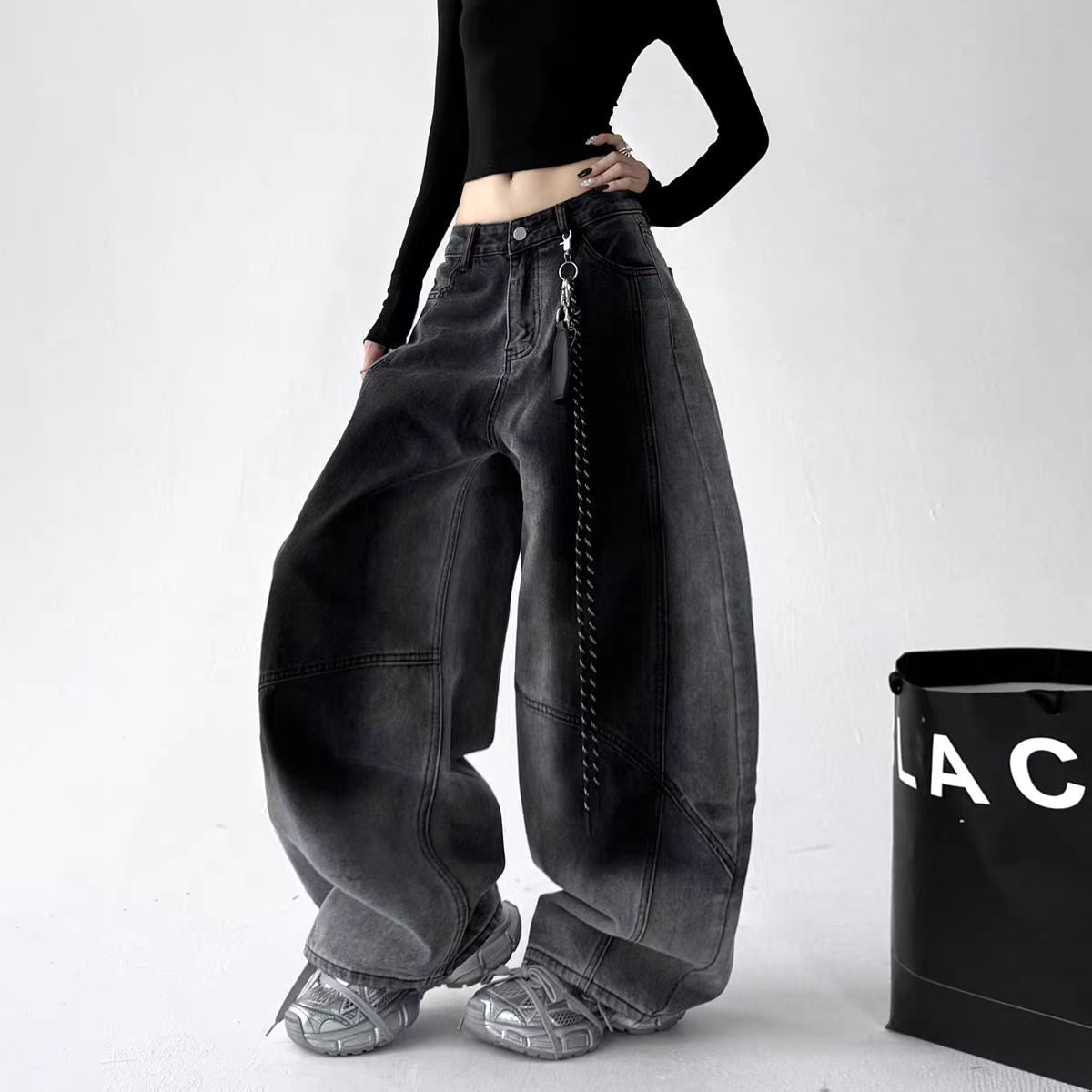 Women jeans retro hip hop washed jeans loose wide leg hip hop gradual change pants