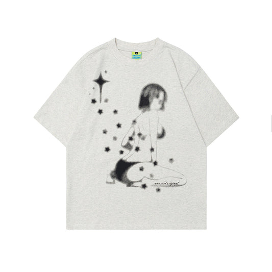 Unisex T-shirts Summer Vintage Beautiful Girl Men's Loose Crew Neck Short Sleeve T-Shirt
