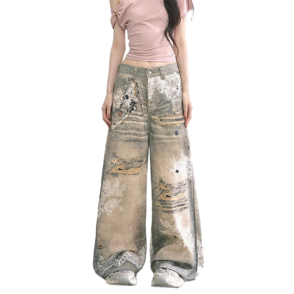 Women's Jeans Vintage, Cross Graffiti Print Jeans