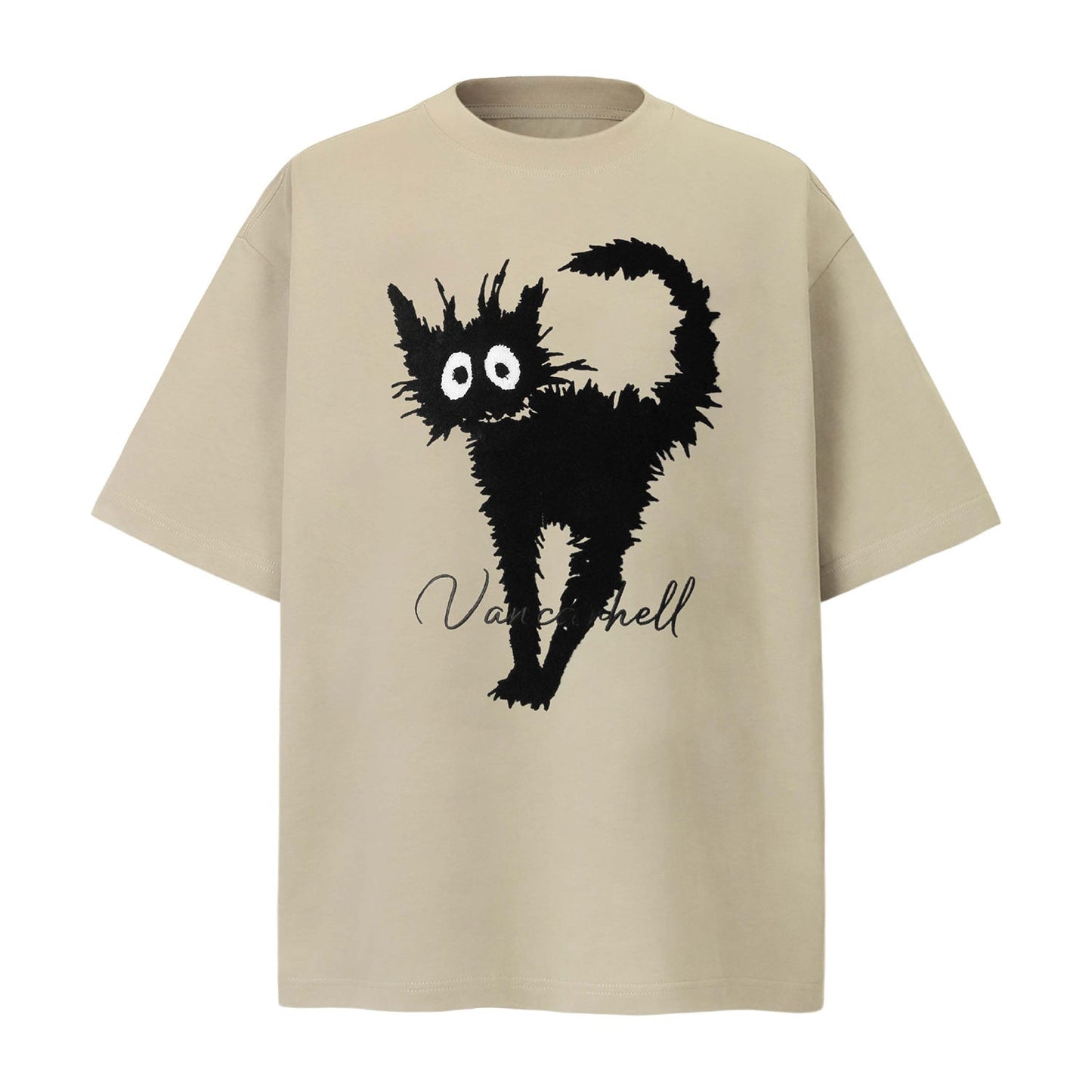 Unisex T-shirts Summer Towel Embroidered Cat Men's Loose Short Sleeve T-Shirt