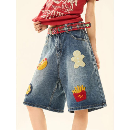 Women's jeans women's retro burger fries towel embroidered cropped pants