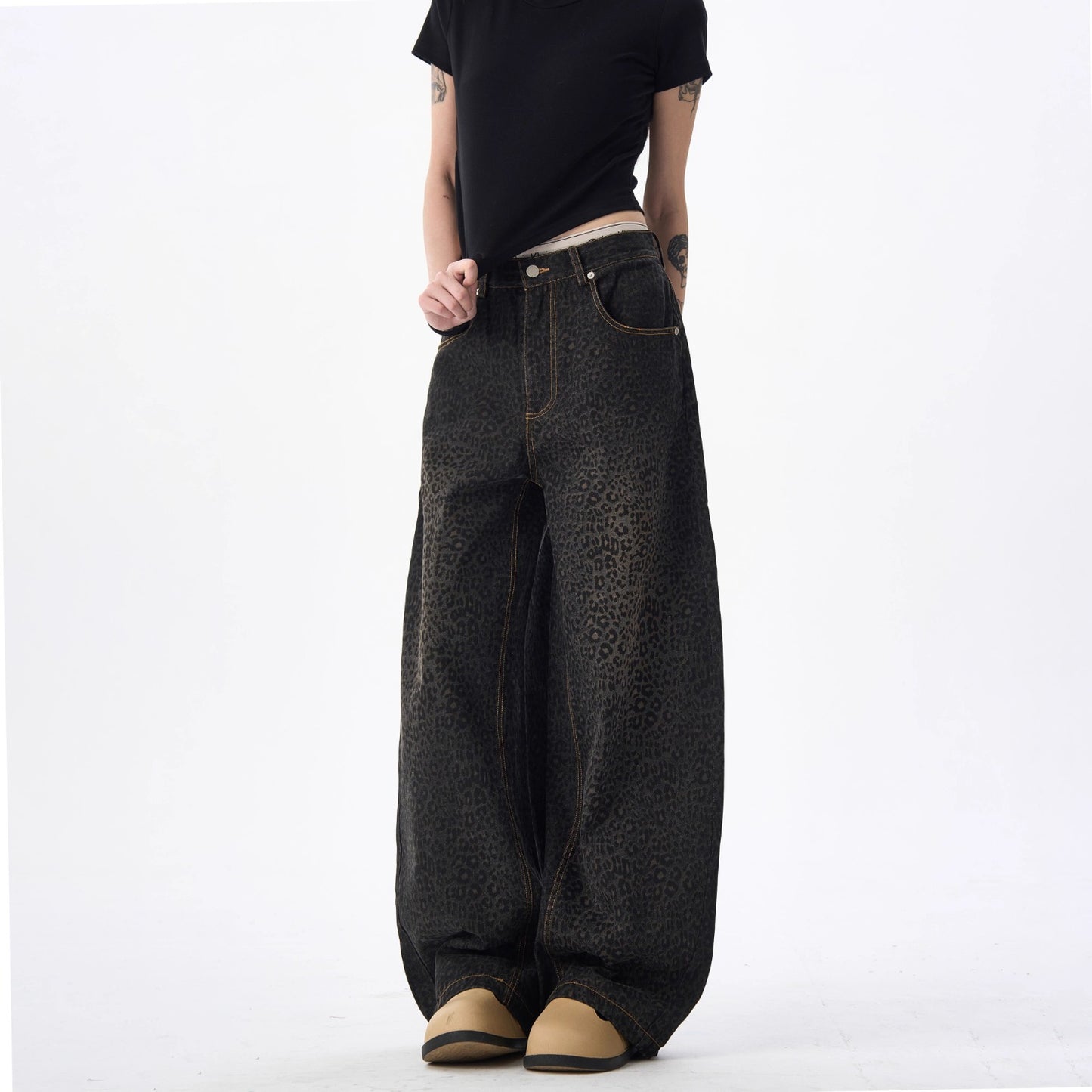 Women's jeans retro leopard-print scimitar jeans wide-leg trousers