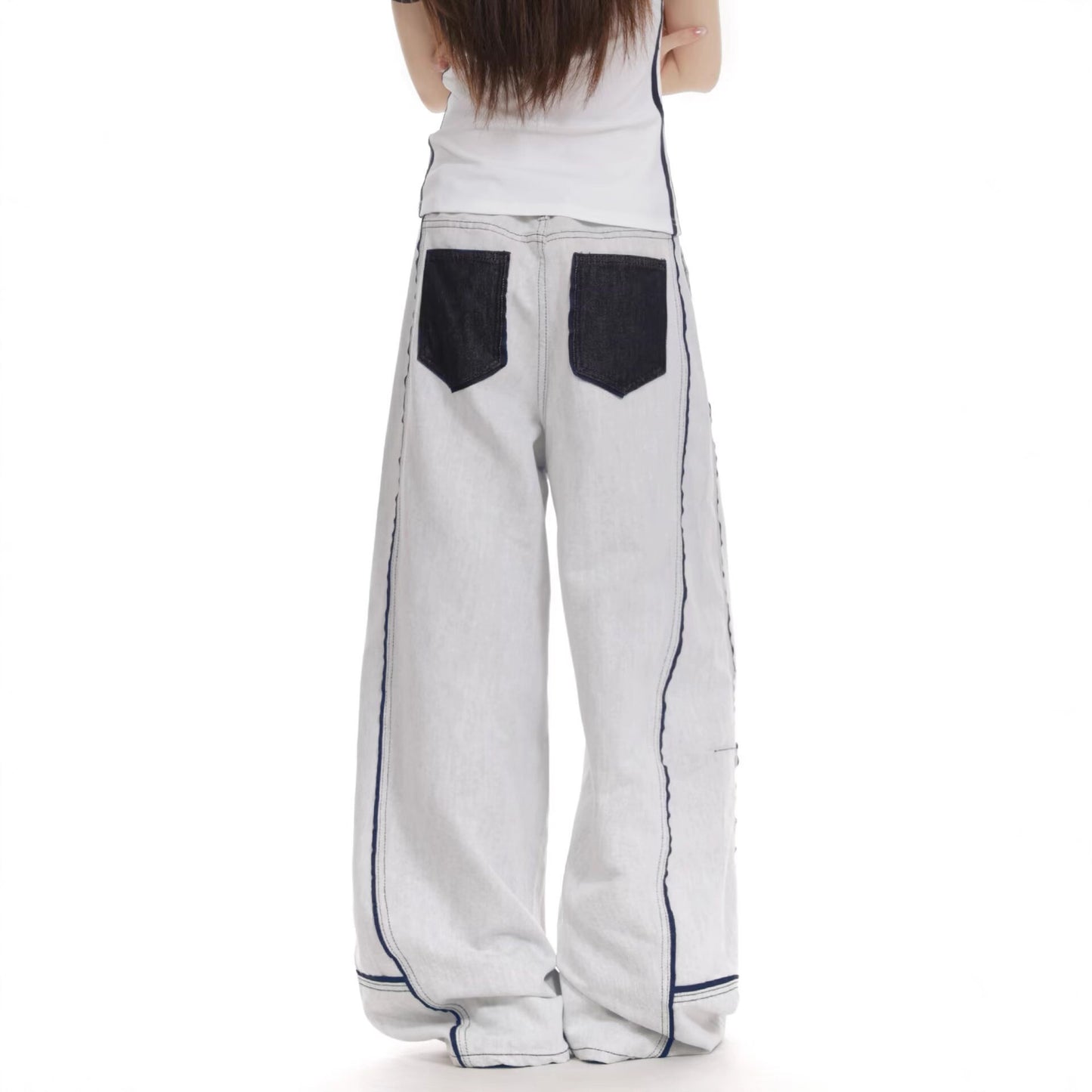 Women jeans patchworkretro topstitch