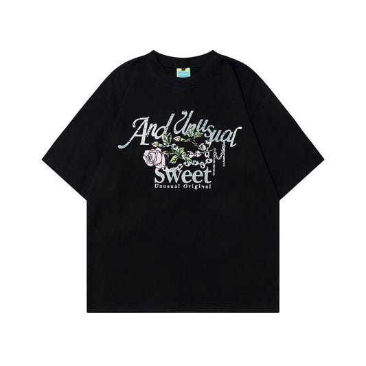 Unisex T-shirts Summer Vintage Rose Letter Men's Loose Short Sleeve T-Shirt