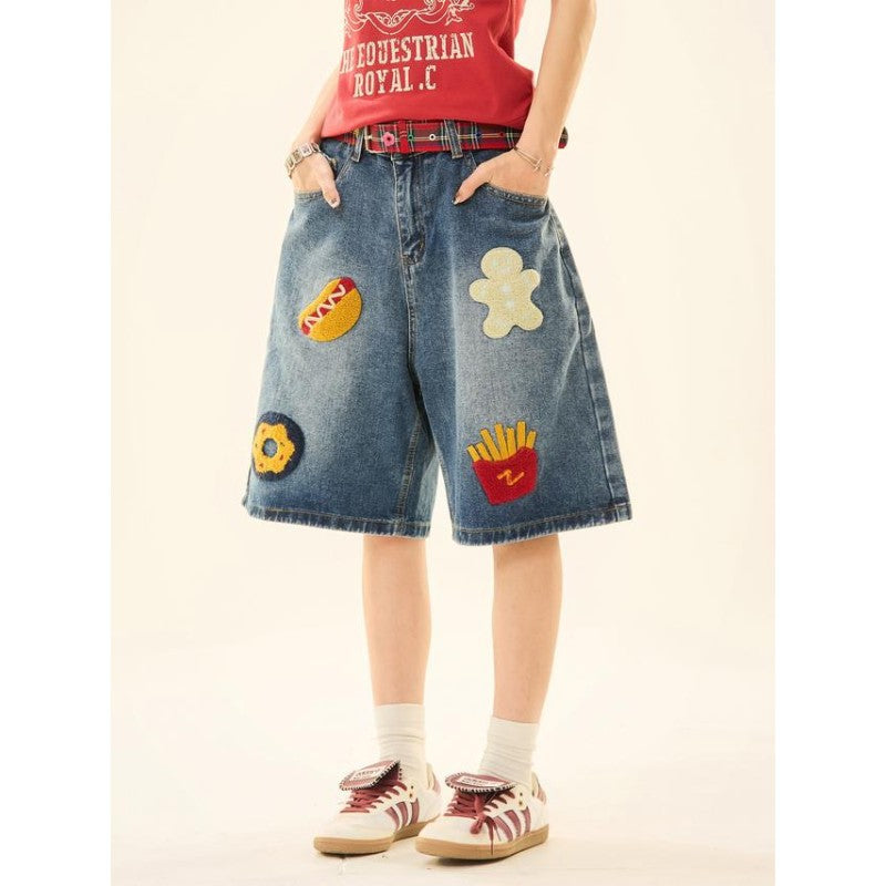 Women's jeans women's retro burger fries towel embroidered cropped pants