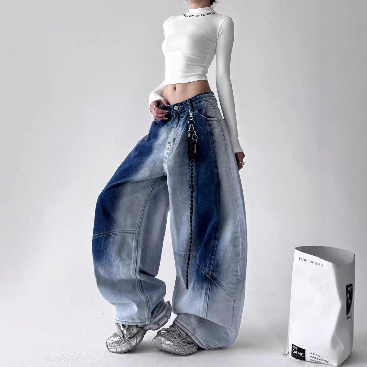 Women jeans retro hip hop washed jeans loose wide leg hip hop gradual change pants
