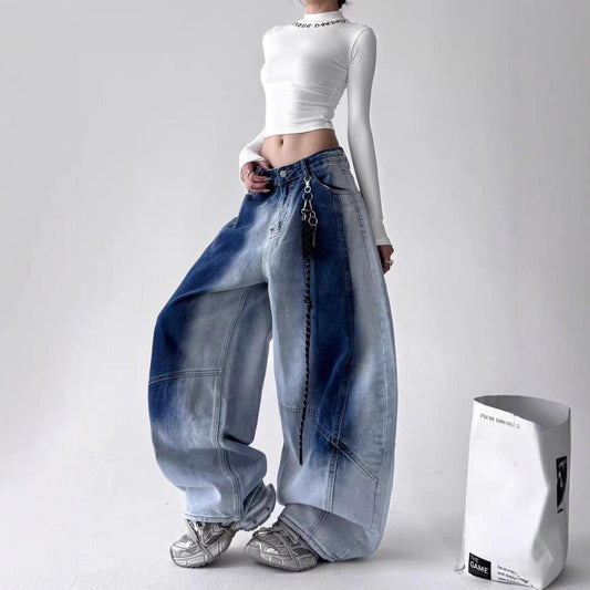 Women jeans retro hip hop washed jeans loose wide leg hip hop gradual change pants