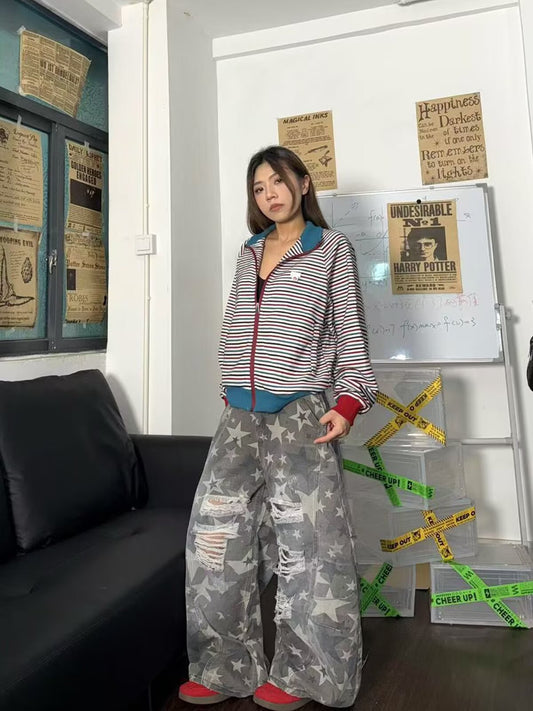 Women jeans hip hop hiphop ripped star print washed jeans