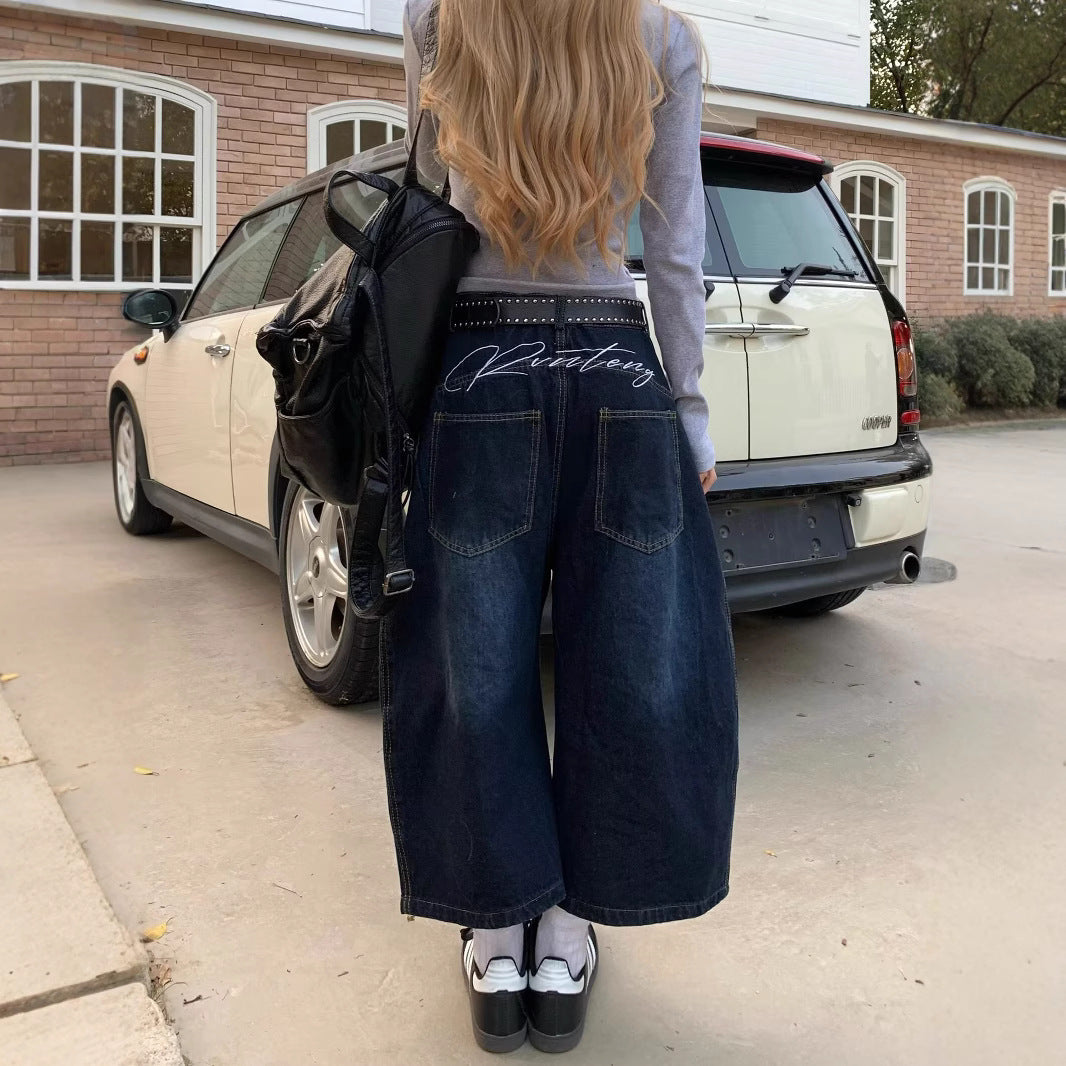 Women jeans graffiti wide-leg jeans summer loose casual straight-leg pants
