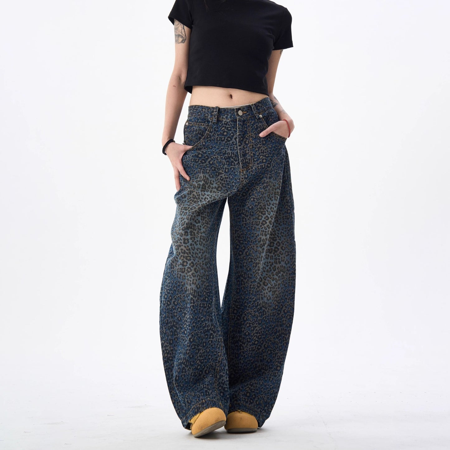 Women's jeans retro leopard-print scimitar jeans wide-leg trousers