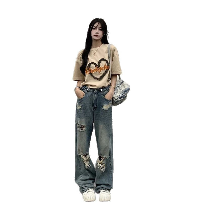 Womens jeans women's summer loose vintage ripped jeans