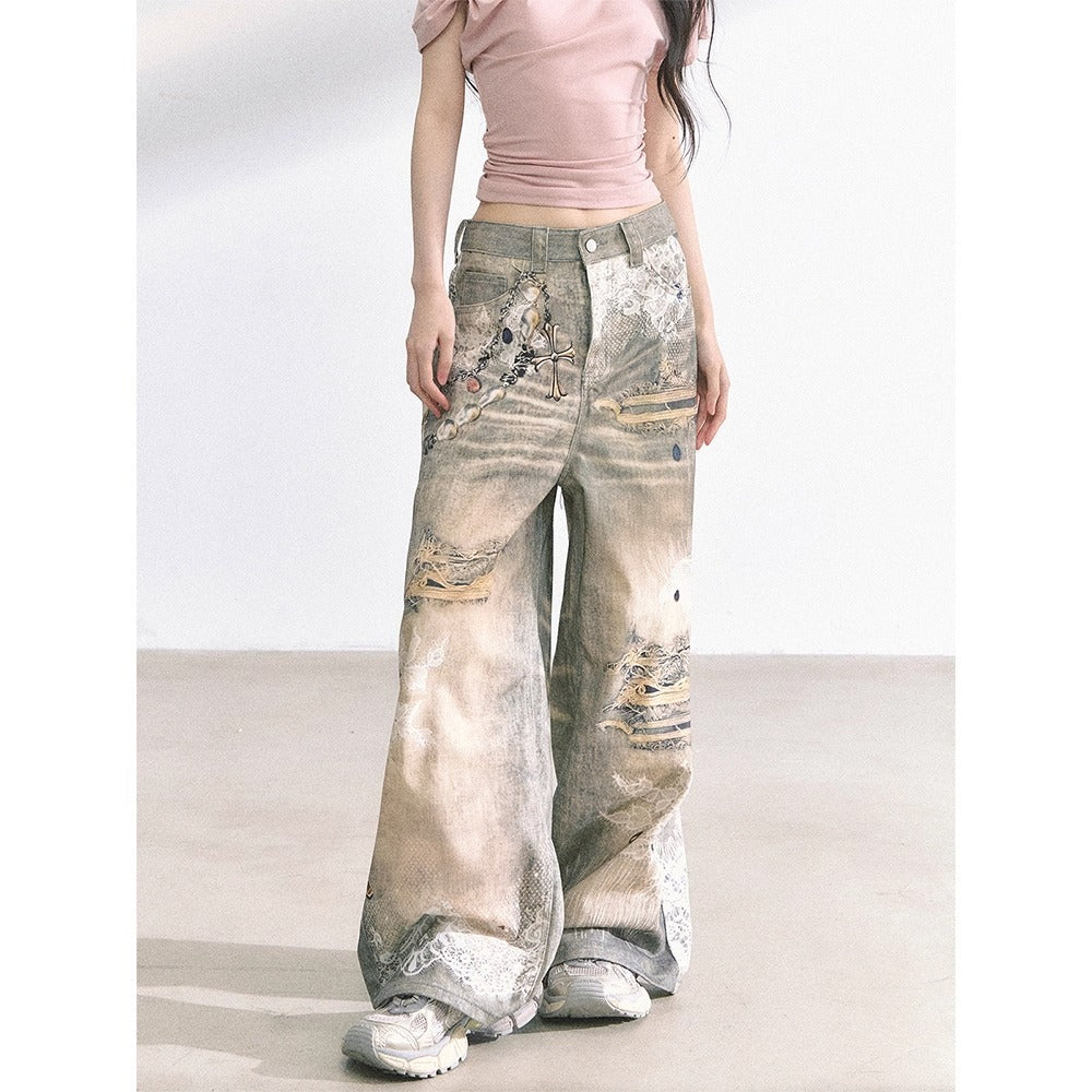 Women's Jeans Vintage, Cross Graffiti Print Jeans