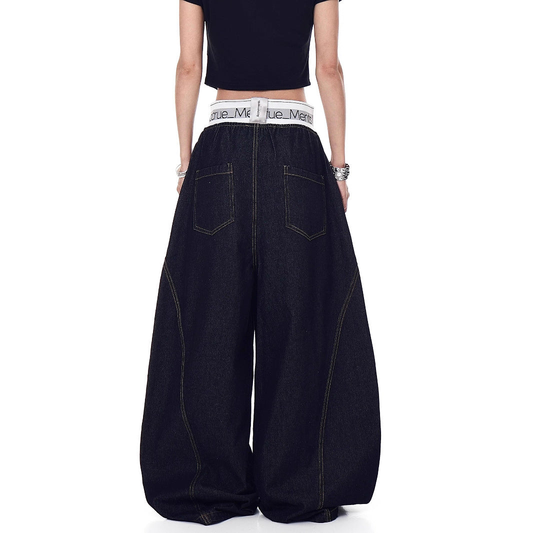Women Jeans Washed Denim Scimitar Pants Summer Loose, Casual Hip Hop Wide Leg Pants