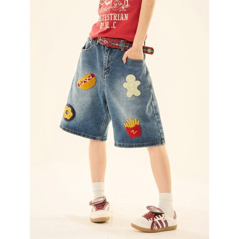 Women's jeans women's retro burger fries towel embroidered cropped pants
