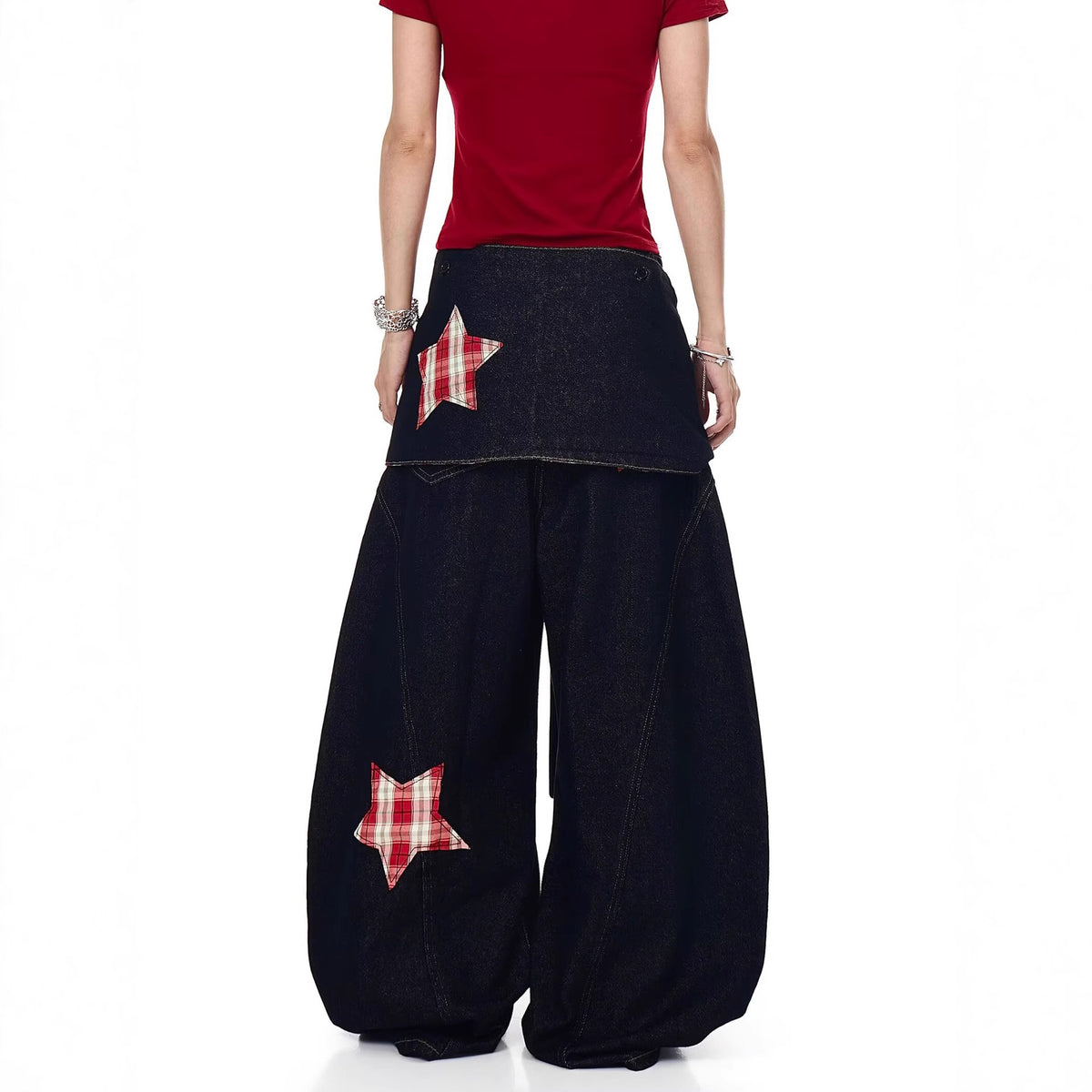 Women jeans retro star plaid