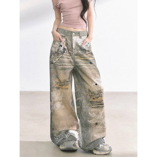 Women's Jeans Vintage, Cross Graffiti Print Jeans