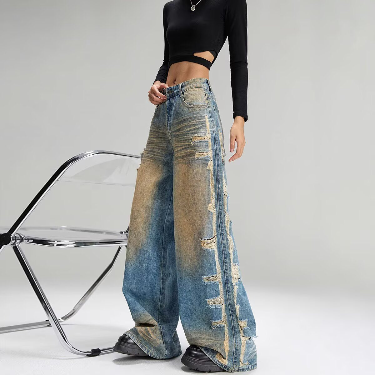 Women jeans ripped rough edge women spring and autumn loose