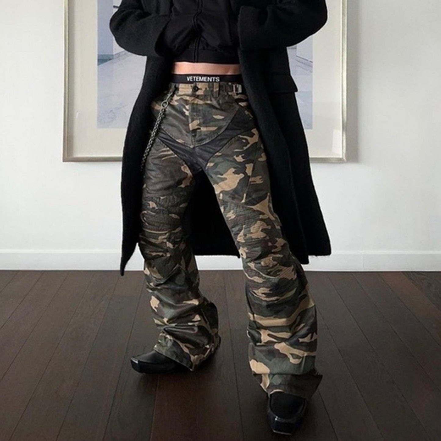 MIJKO Men Vintage Pants MIJKO camouflage micro-pull locomotive pants design zipper wide-leg pants