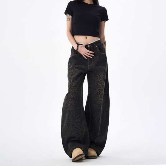 Women's jeans retro leopard-print scimitar jeans wide-leg trousers