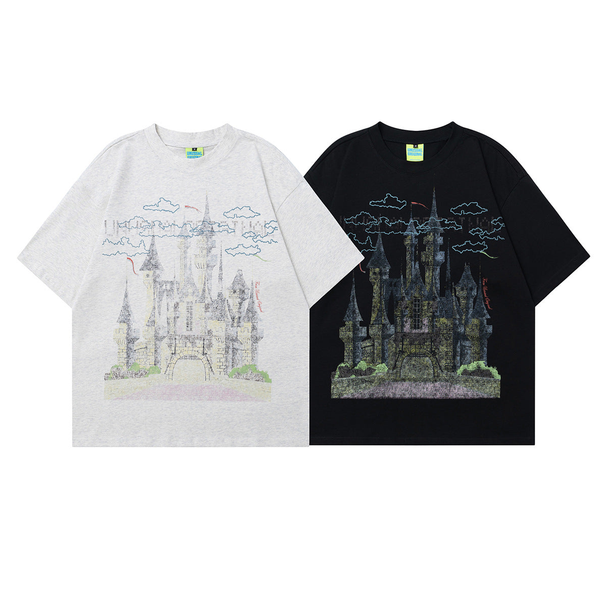 Unisex T-shirts Summer Vintage Comic Castle Figure Men's Loose Short Sleeve T-Shirt