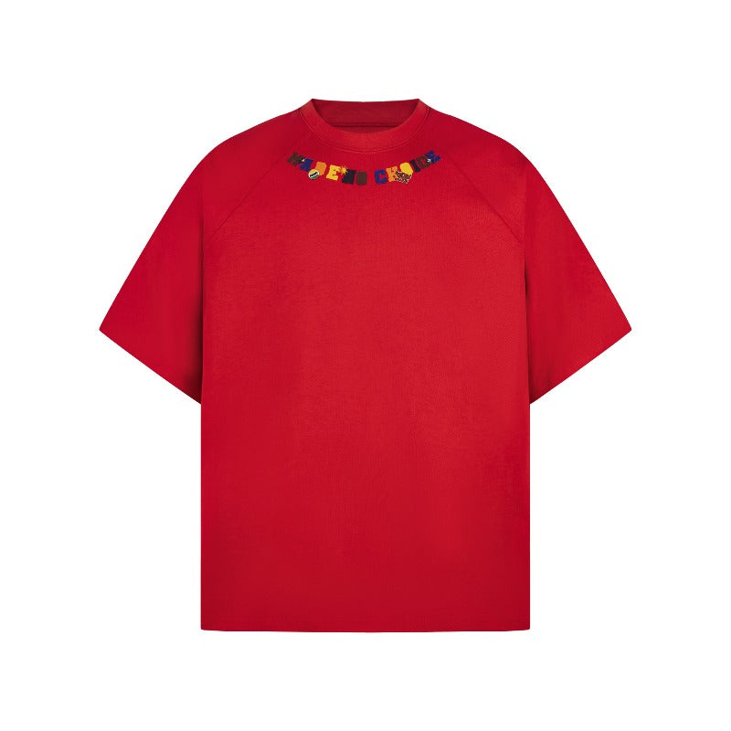 Men t shirt american retrog double yarn neutral style towel embroidered half sleeve design men's high street loose short sleeve t-shirt
