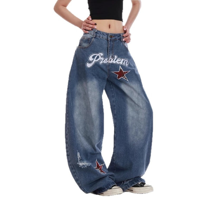 Women Jeans Vintage Star Embroidered Jeans Summer Loose Casual Pants