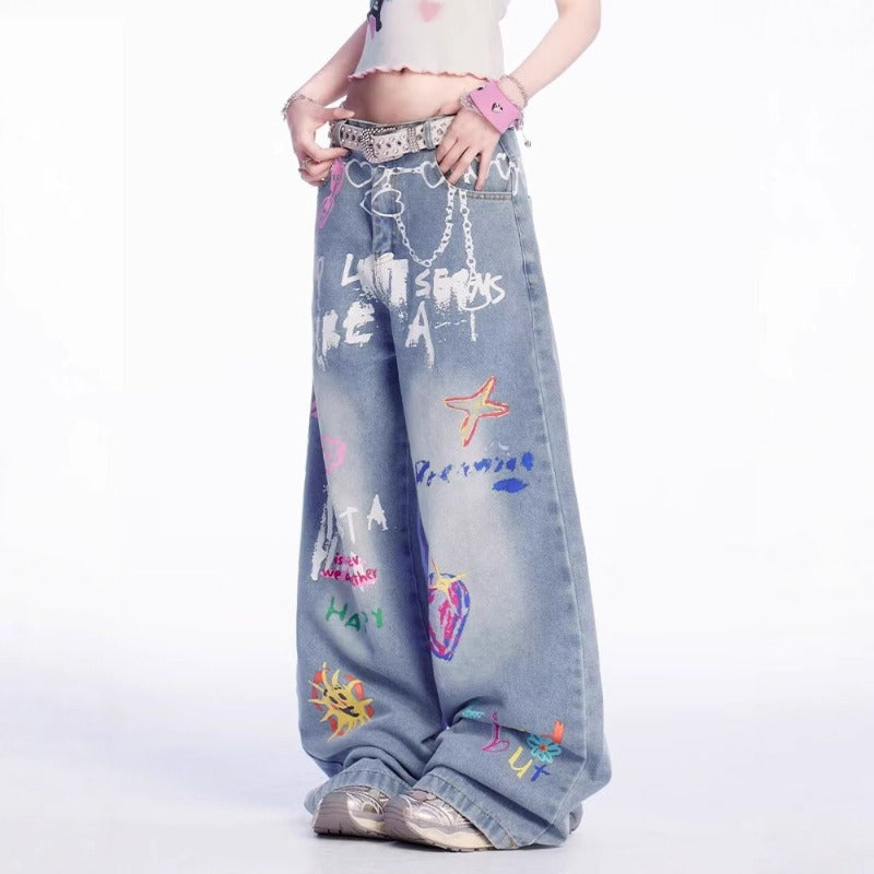 Women's jeans graffiti waist chain wide leg pants women