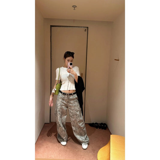 Women jeans loose straight high waist leopard pants wide leg pants