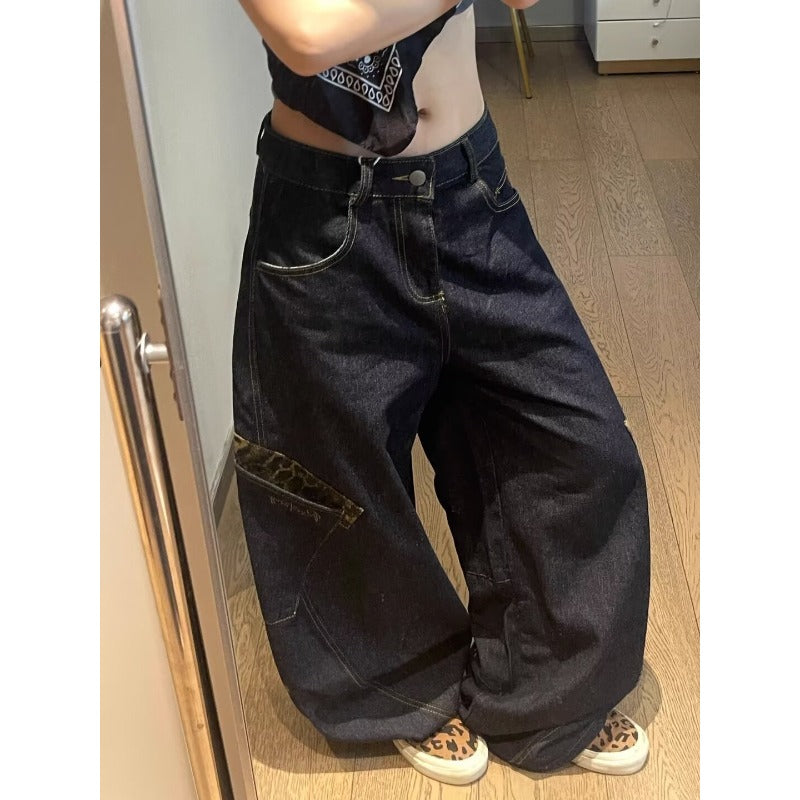 Women's Jeans Vintage Leopard Patchwork Large Pocket Women's Loose Scimitar Pants