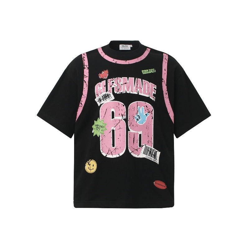 Men's jt american retro couple street style color block cartoon print design short sleeve loose fit crew neck t-shirt