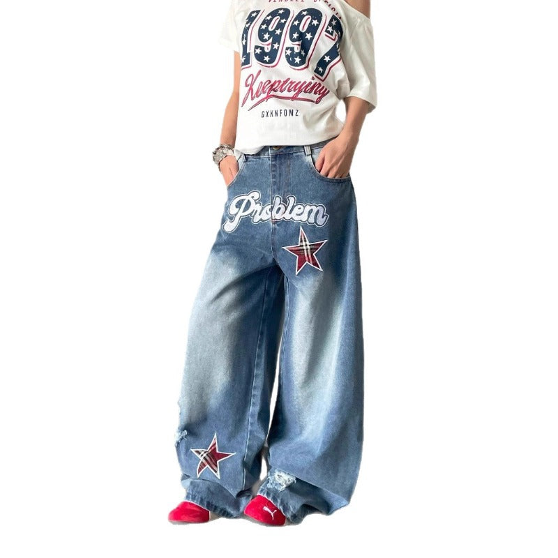Women's Jeans Letter Star Embroidery Women's Loose Floor Pants