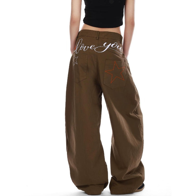 Women Jeans Star Embroidered Jeans Straight Loose Wide Leg Pants
